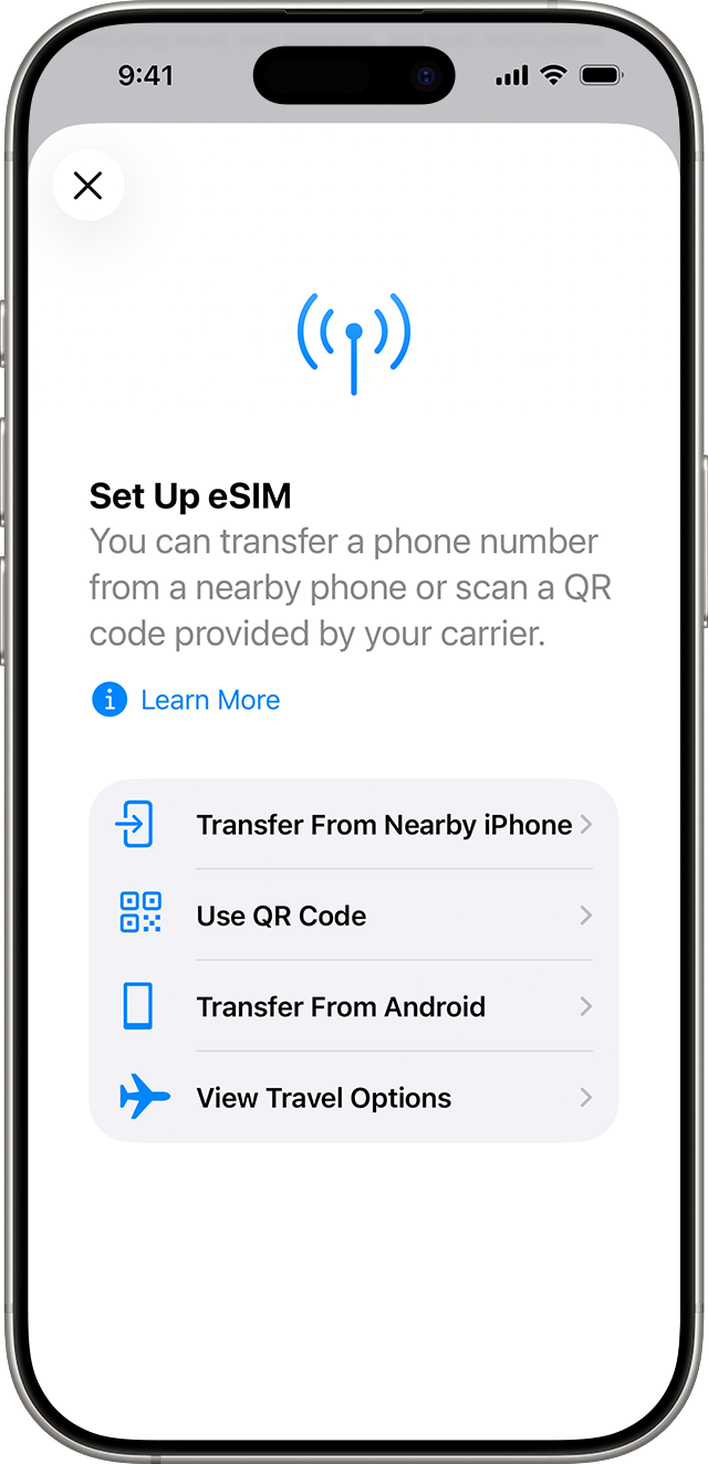 Apple 官方示范图 · 支持 eSIM 的 iPhone 在此选择「Use QR Code／使用二维码」；英文示范，Android 入口不同